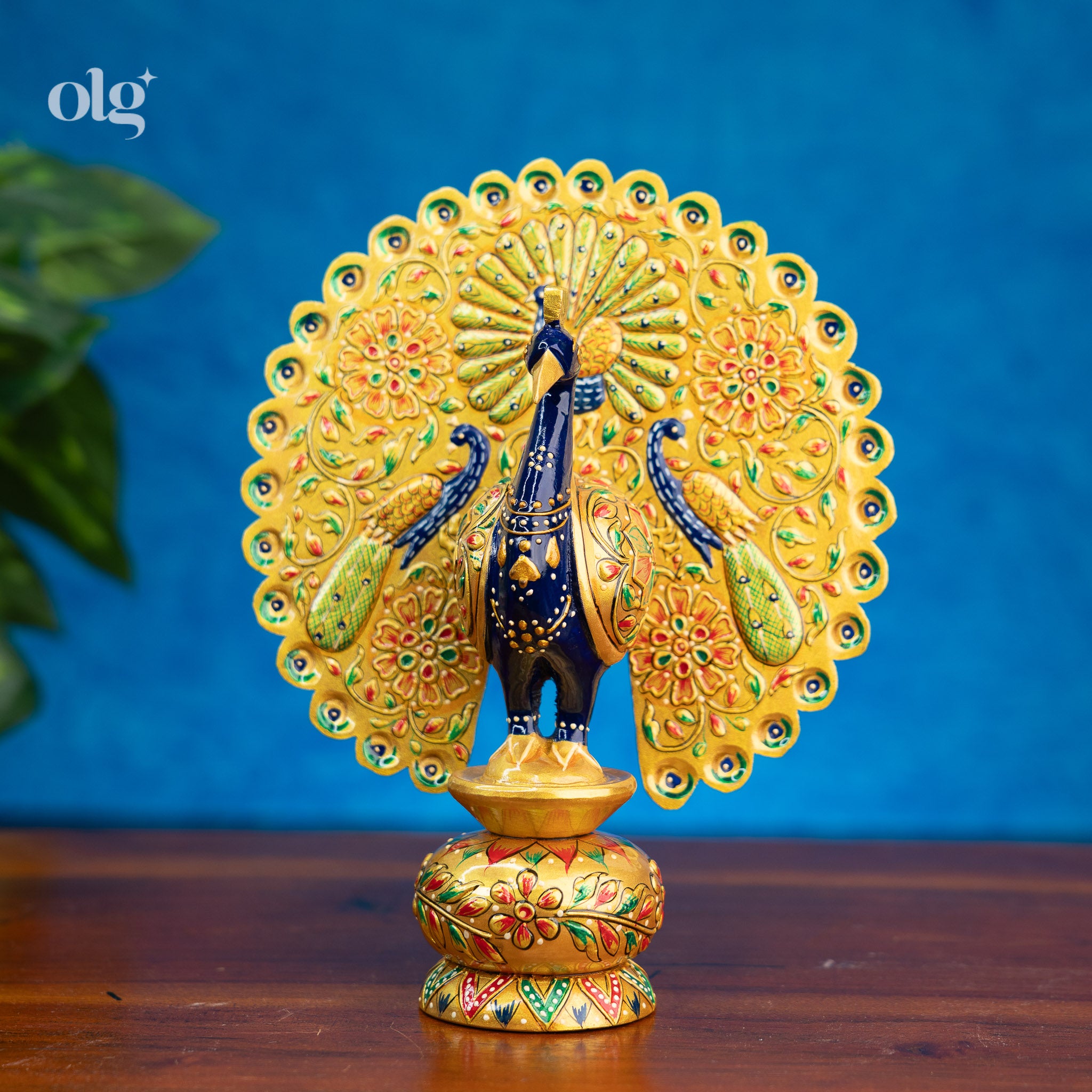 Hand-Painted Golden Peacock Statue with Open Tail