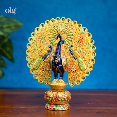 Hand-painted golden wooden peacock statue, open fanned tail