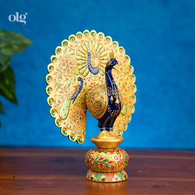 Hand-painted golden wooden peacock statue, open fanned tail