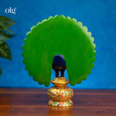 Hand-painted golden wooden peacock statue, open fanned tail