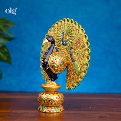 Hand-painted golden wooden peacock statue, open fanned tail