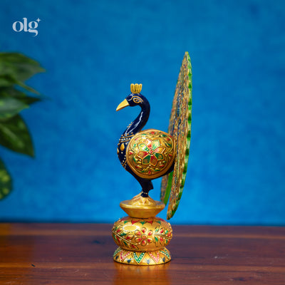 Hand-painted golden wooden peacock statue, open fanned tail