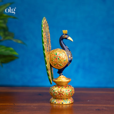Hand-painted golden wooden peacock statue, open fanned tail
