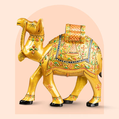 Hand-painted golden wooden camel figurine