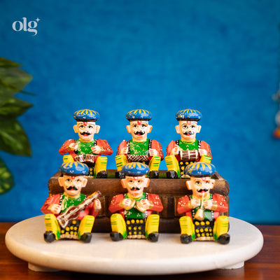 Hand-painted kadam wood Indian musician figurines set
