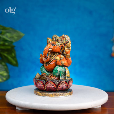 Hand-Painted Orange & Green Lord Ganesha Idol