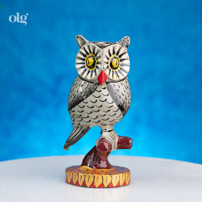 Hand-painted white and black wooden owl figurine on branch, 5 inch