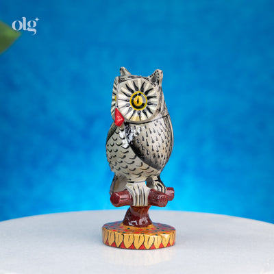 Hand-painted white and black wooden owl figurine on branch, 5 inch