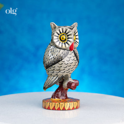 Hand-painted white and black wooden owl figurine on branch, 5 inch