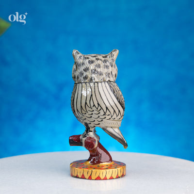 Hand-painted white and black wooden owl figurine on branch, 5 inch