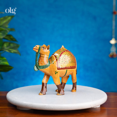 Hand-painted wooden camel figurine, 5 inch, Rajasthani style