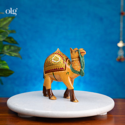 Hand-painted wooden camel figurine, 5 inch, Rajasthani style