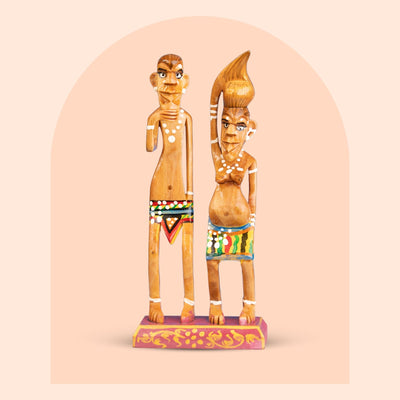 Hand-painted wooden villager couple showpiece, 6 inch, Indian folk art