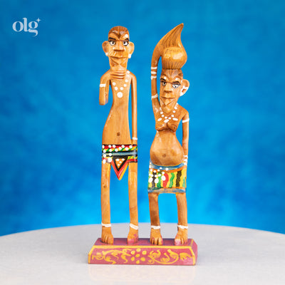 Hand-painted wooden villager couple showpiece, 6 inch, Indian folk art