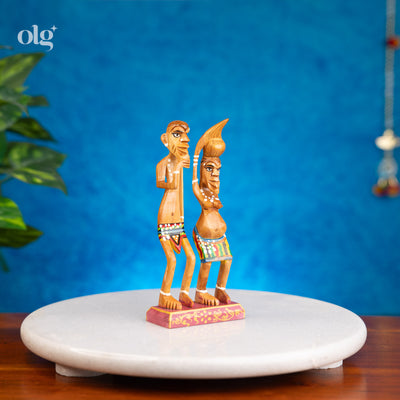 Hand-painted wooden villager couple showpiece, 6 inch, Indian folk art