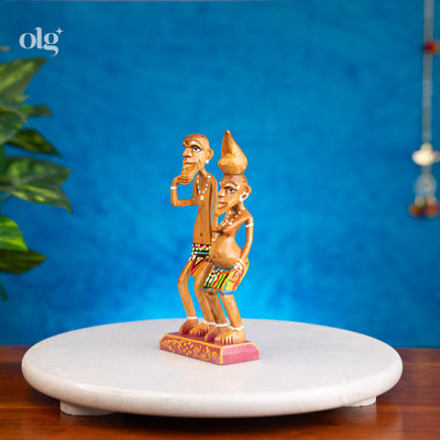 Hand-painted wooden villager couple showpiece, 6 inch, Indian folk art