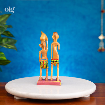 Hand-painted wooden villager couple showpiece, 6 inch, Indian folk art