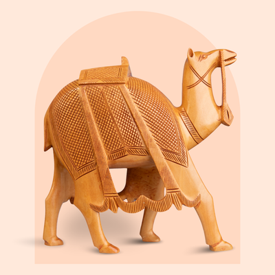 Hand-carved wooden camel figurine, natural finish, 8 inch