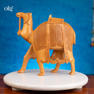 Hand-carved wooden camel figurine, natural finish, 8 inch