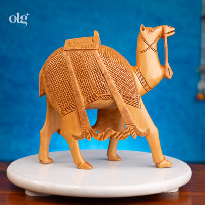 Hand-carved wooden camel figurine, natural finish, 8 inch