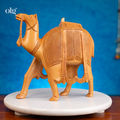 Hand-carved wooden camel figurine, natural finish, 8 inch