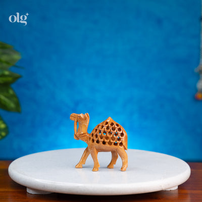Hand-carved wooden camel figurine with jali lattice work, 3 inch