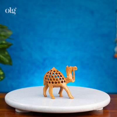 Hand-carved wooden camel figurine with jali lattice work, 3 inch
