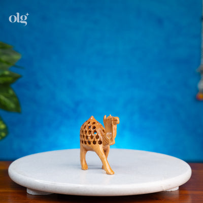 Hand-carved wooden camel figurine with jali lattice work, 3 inch
