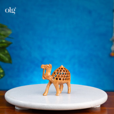 Hand-carved wooden camel figurine with jali lattice work, 3 inch
