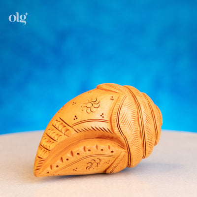 Hand-carved wooden conch shell replica, Shankh design