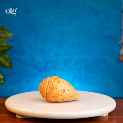 Hand-carved wooden conch shell replica, Shankh design