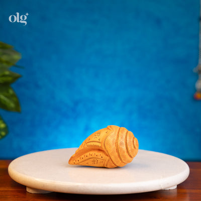 Hand-carved wooden conch shell replica, Shankh design