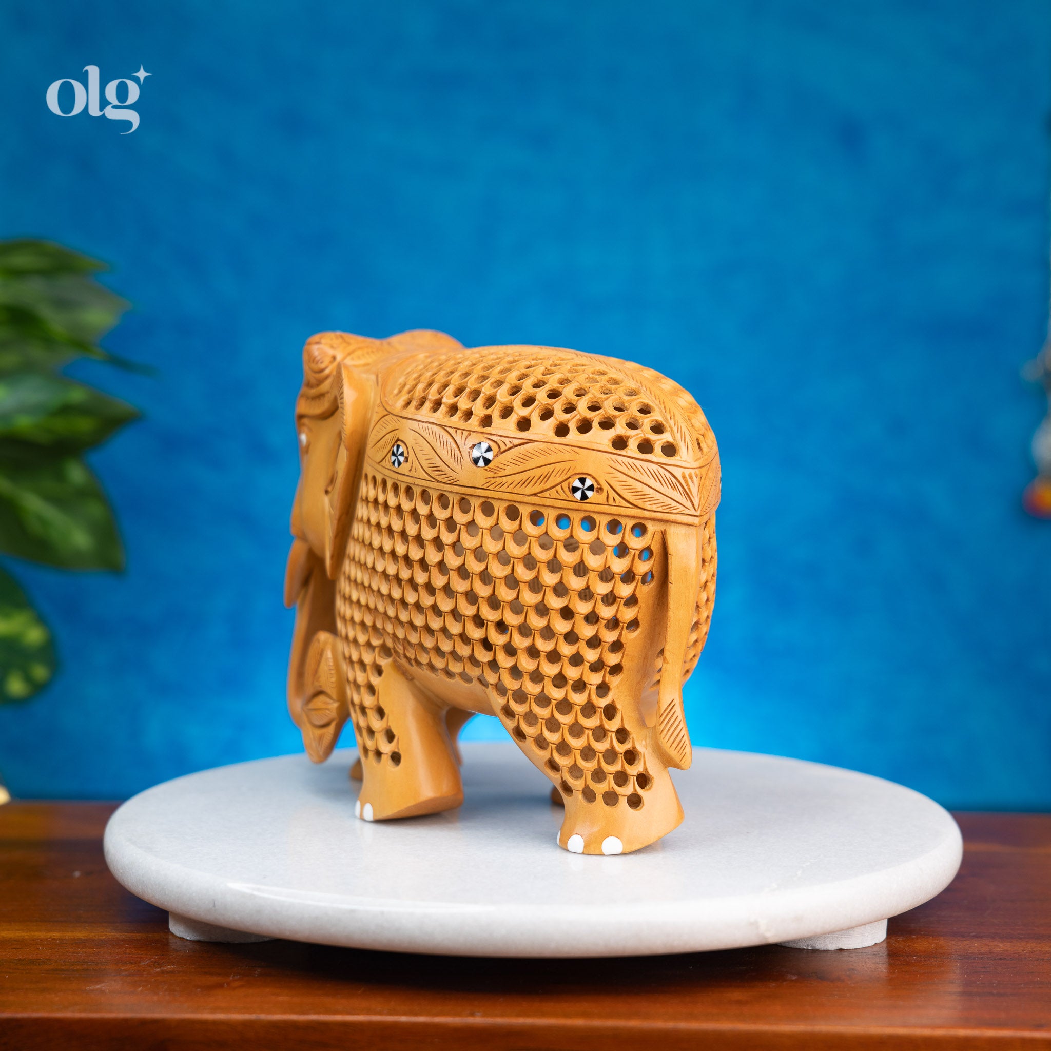 Hand Carved Wooden Elephant Figurine with Intricate Jali Work