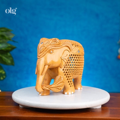 Hand Carved Wooden Elephant Figurine with Intricate Jali Work