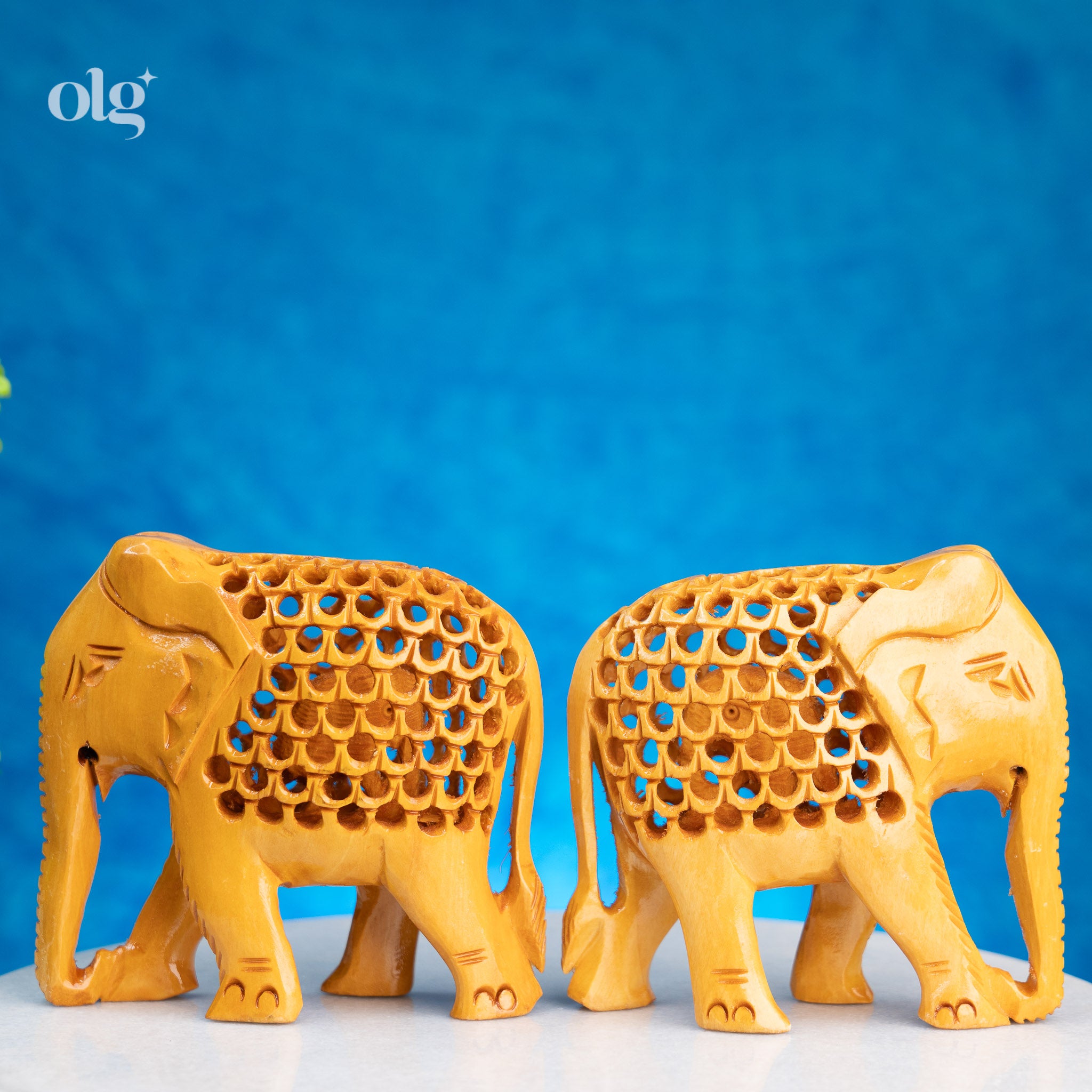 Pair of 2 Intricate Wood Elephant Figurines (4 Inch)