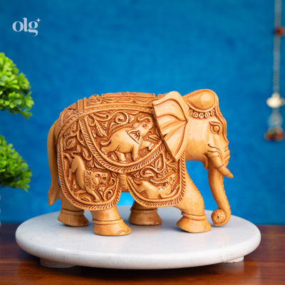 Hand-carved wooden elephant figurine with Rajasthani carving, 6 inch