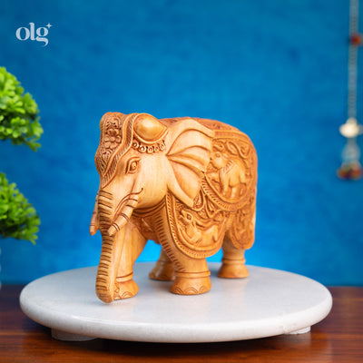 Hand-carved wooden elephant figurine with Rajasthani carving, 6 inch