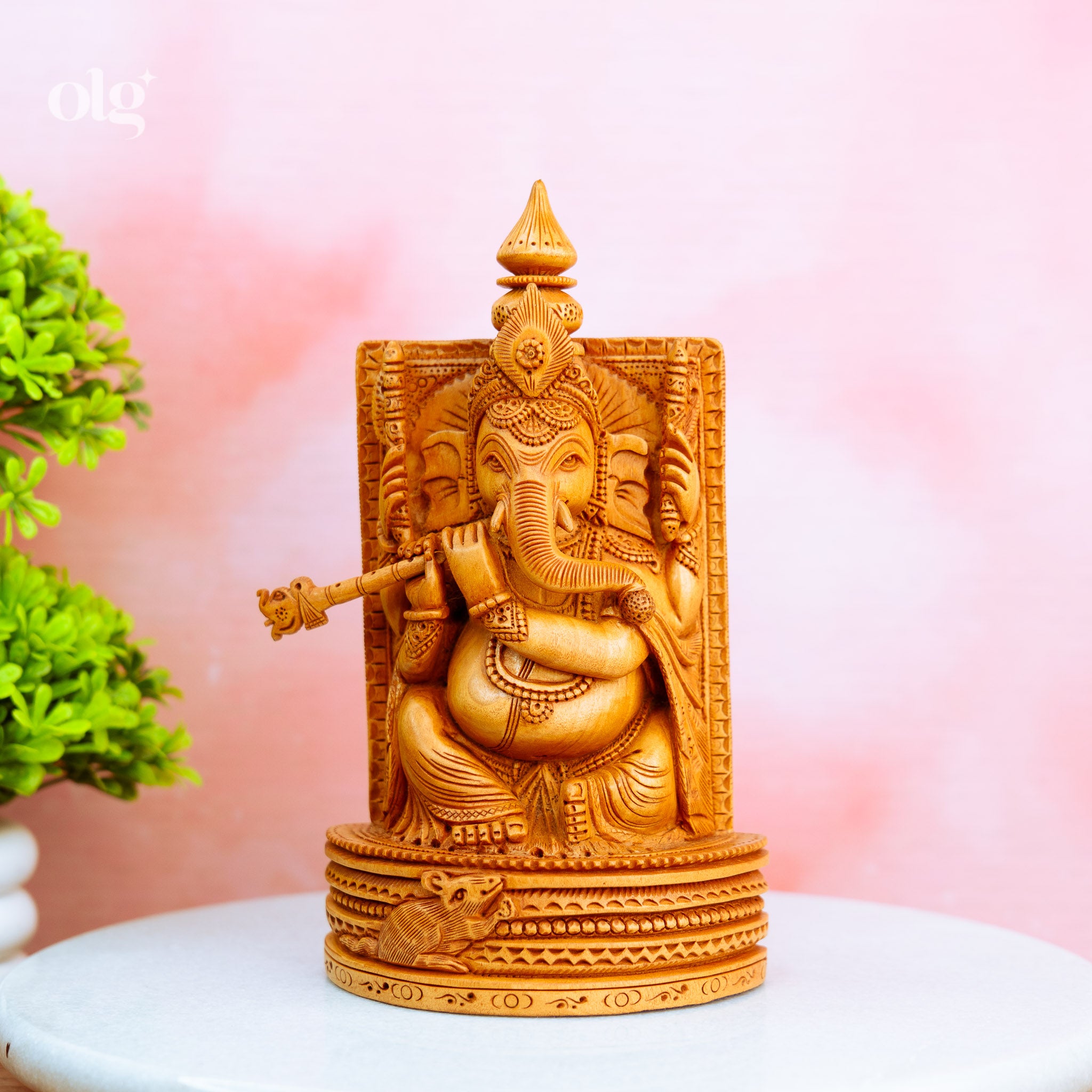 Hand Carved Wooden Flute Ganesha Idol
