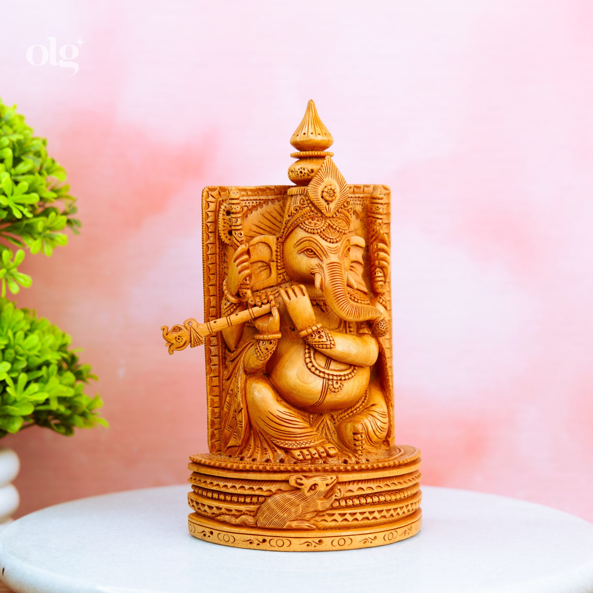 Hand Carved Wooden Flute Ganesha Idol
