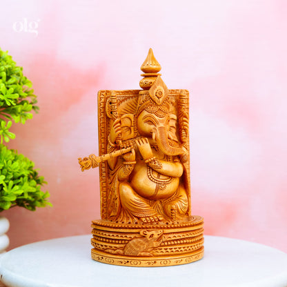 Hand Carved Wooden Flute Ganesha Idol
