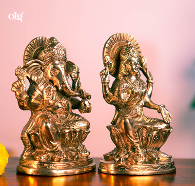 Brass Lakshmi and Ganesha idol pair on lotus bases, 7 inch each, antique finish