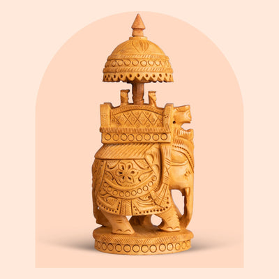 Hand-carved kadam wood elephant figurine with ambari howdah, 7 inch
