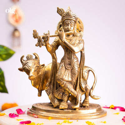 Brass Krishna idol playing flute beside a cow, 8 inch, handcrafted murti
