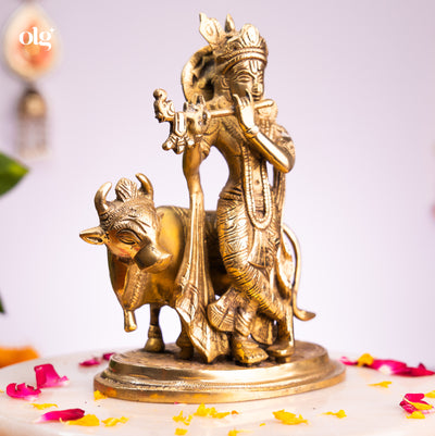 Brass Krishna idol playing flute beside a cow, 8 inch, handcrafted murti
