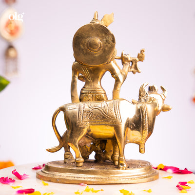Brass Krishna idol playing flute beside a cow, 8 inch, handcrafted murti