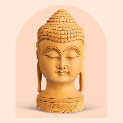 Hand-carved wooden meditating Buddha head bust, 8 inch