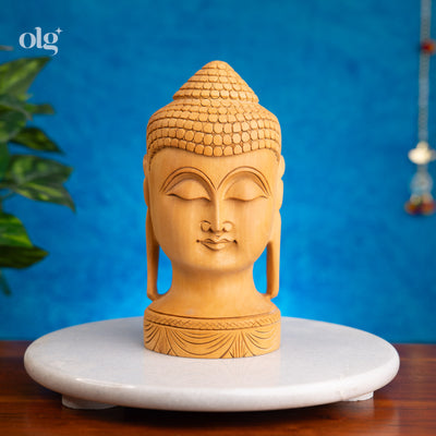 Hand-carved wooden meditating Buddha head bust, 8 inch