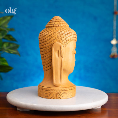 Hand-carved wooden meditating Buddha head bust, 8 inch