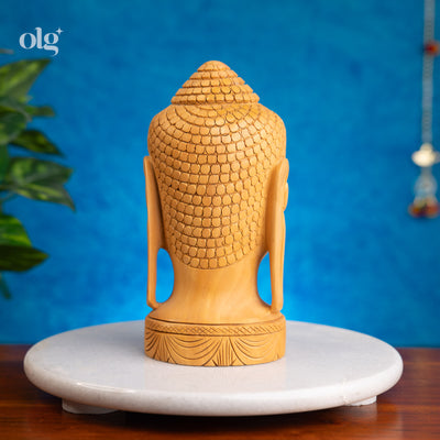 Hand-carved wooden meditating Buddha head bust, 8 inch