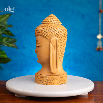 Hand-carved wooden meditating Buddha head bust, 8 inch